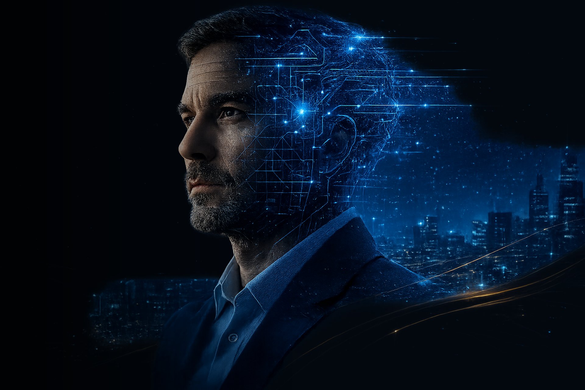 A profile portrait, half of the head rendered as glowing circuitry against a night skyline.