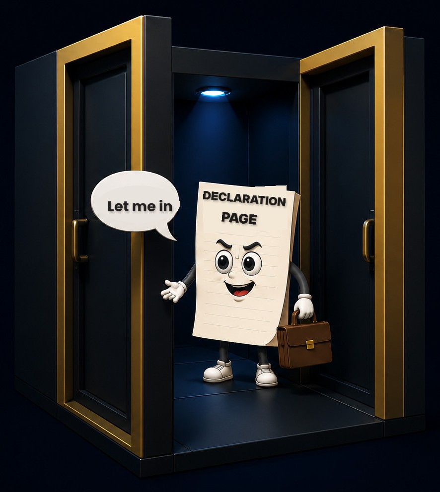 A declaration page standing in a mantrap vestibule between two doors, asking to be let in.