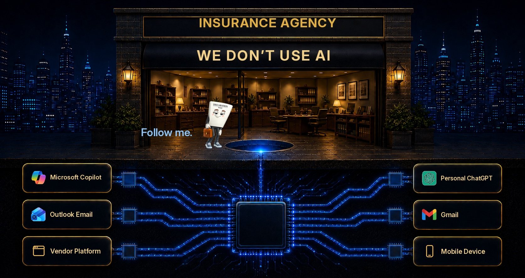 An insurance agency at night. A sign on the awning reads we don&rsquo;t use AI. A manhole in front of the door glows blue, and below the pavement a processor feeds Microsoft Copilot, Outlook, a vendor platform, personal ChatGPT, Gmail and a mobile device.